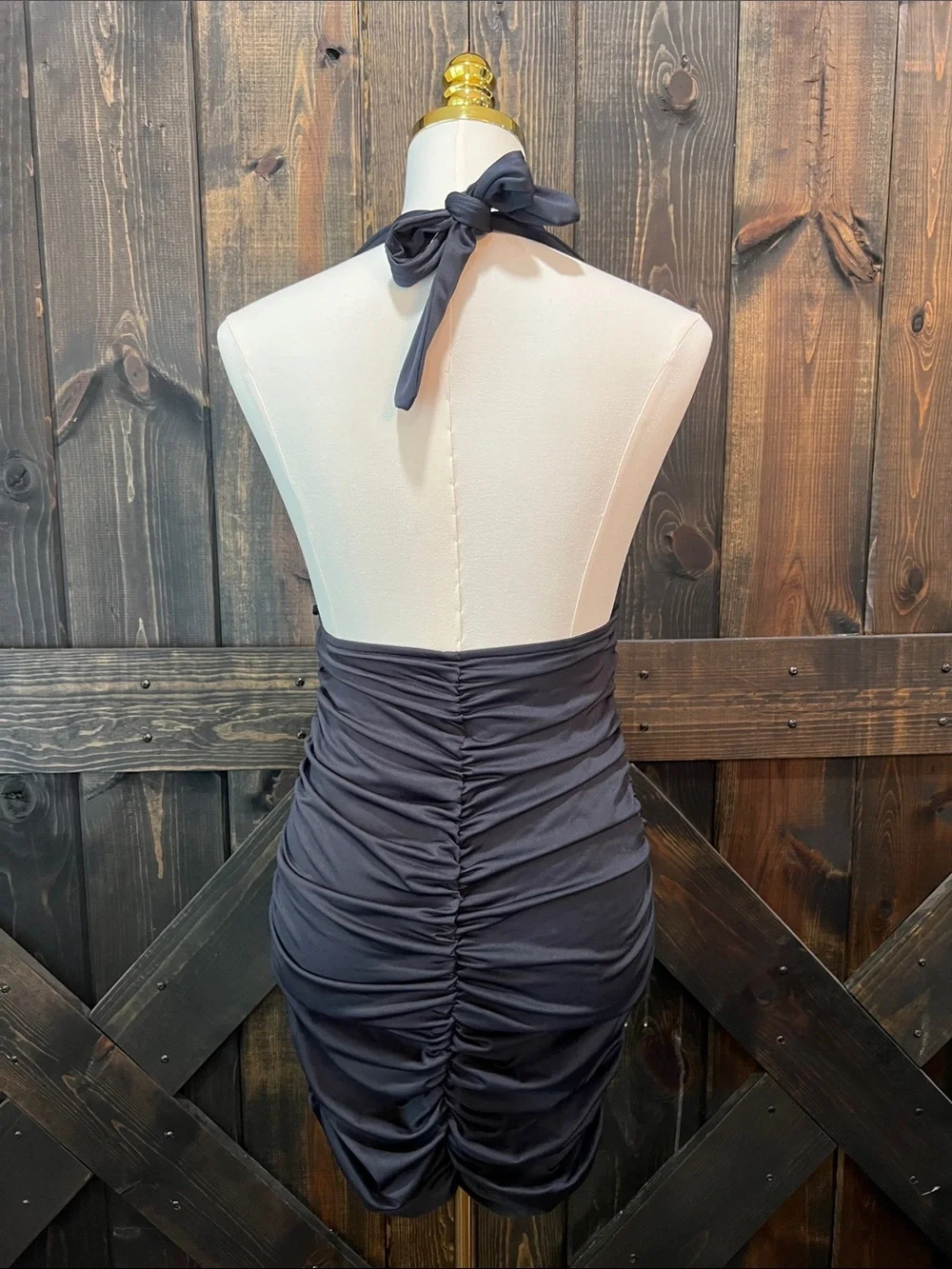 Sex Symbol Y2K Bodycon Ruched Halter Dress L Black Butterfly Beaded Tie Babydoll